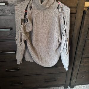 Vici Taupe Turtleneck Sweater with Lace-Up Sleeves